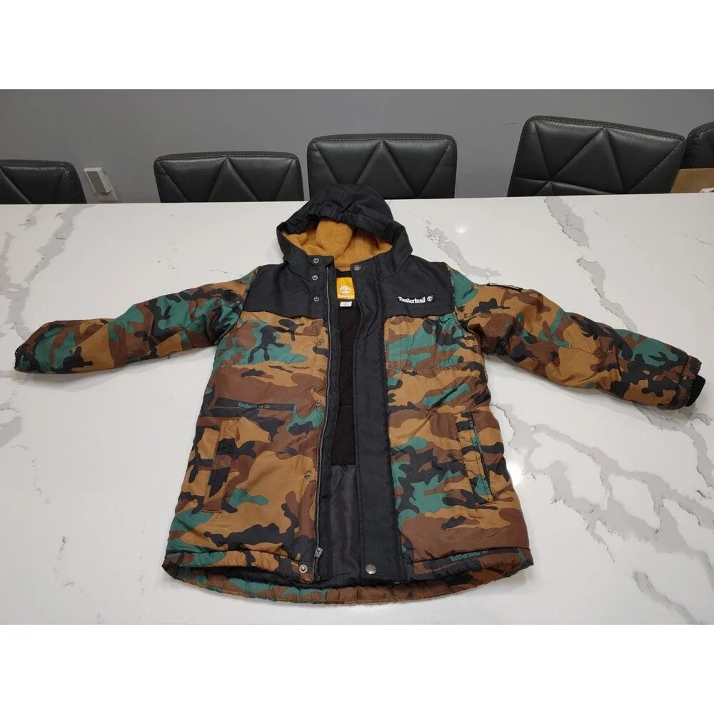 Timberland Boys Kids Puffer Coat Full Zip Hooded Jacket (Camouflage, S- 8) (0010